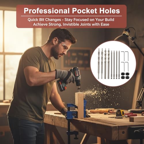 4 Pack 3/8"(9.5mm) Pocket Hole Drill Bit with Depth Stop Collar & SQ2 Driver Bits, Woodworking Pocket Hole Drill Bit Set, 1/4" Hex & Round Shank 6.5" Length Replacement for Pocket Hole Jig Systems