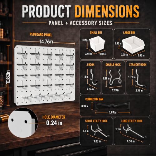 Pegboard Organizer Kit,4 Pack 14.76x10.82 in Metal Panels with 6 Bins,White - color: White, size: 14.76"x10.82"- 4 Pcs