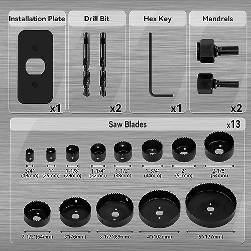 KATA 18-Pieces Hole Saw Kit 3/4"-5" for Soft Wood, Drywall, PVC, Plastic - color: 18 PCS