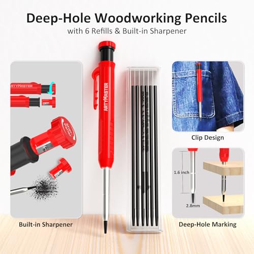 3.8＂Mini 3D Multi-Angle Measuring Square Ruler, WT102A High Precision Hole Scribing Woodworking Tools, 0-90° Aluminum Alloy Carpenter Square Wood Working Tools, Carpenter Pencils 6 Refills. - color: 3.8 inch Square+Pencil, style: Imperial