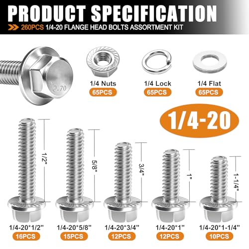 mankk 260PCS Flange Head Bolts Assortment Kit 1/4-20 x (1/2",5/8",3/4",1",1-1/4") 304 Stainless Steel SAE Flange Hexagon Screws and Serrated Flange Nuts Kit - color: Silver-260PCS 1/4-20
