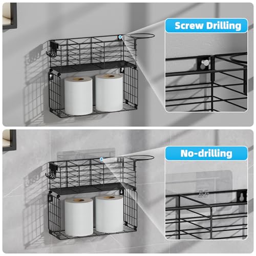 Metal Hair Tool Organizer with Toilet Paper Storage Basket Wall Mount - color: Black 2 Tiers