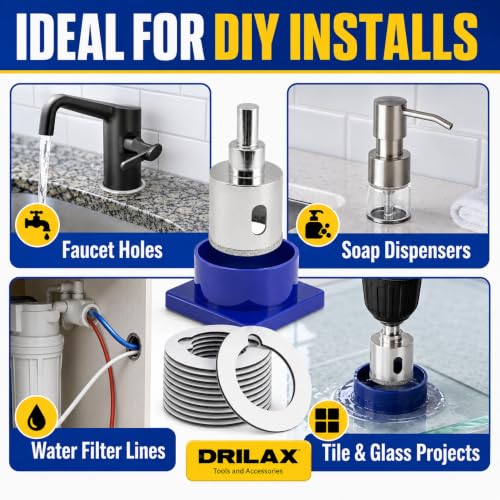 Drilax 1-1/2 Inch Diamond Hole Saw with Water Delivery System Guide Easy Drilling for Quartz, Granite, Marble, Porcelain, Ceramic, Glass Tiles - Complete Kit for Precise DIY Holes 1.5 inch - size: 1-1/2 inch
