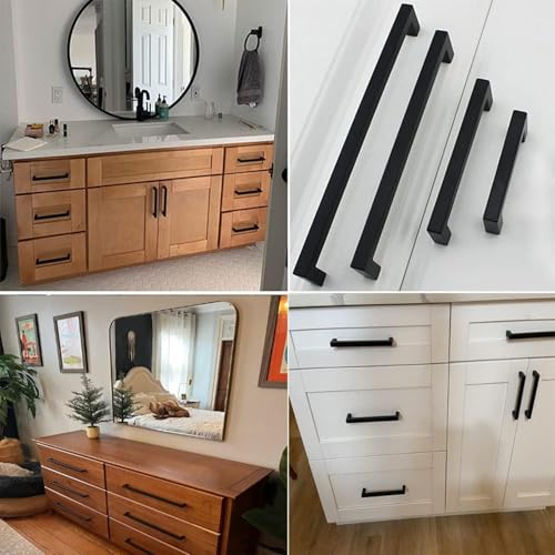 Cabinet Pulls Matte Black Cabinet Handles Square Drawer Pulls, 5 Pack 10 Inch Stainless Steel Kitchen Door Cupboard Handles, 256mm Hole Centers - size: 10 inch Hole Centers(256mm)