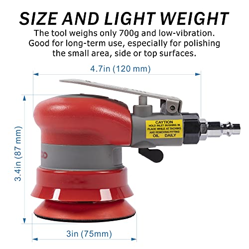 Pneumatic random orbital sander 3-inch light weight palm sander 3/32" (2.5 mm) diameter orbit 12000 RPM with extra backing pad and 12pcs sandpaper - style: 3in Non-Vacuum