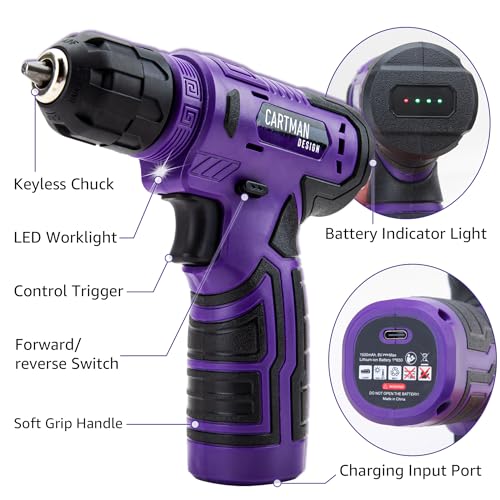 CARTMAN 150PCS 8V Cordless Drill Hand Tool Set, Purple Household Repair Kit - color: Purple