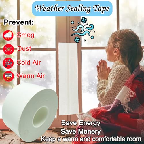 Window Weather Sealing Tape, White Window Draft Isolation Film Tape, Waterproof AC Insulation Air Conditioner Sealing Tape to Keep Out Cold Air, Dust, Rain, 2IN X 99FT, No Residue