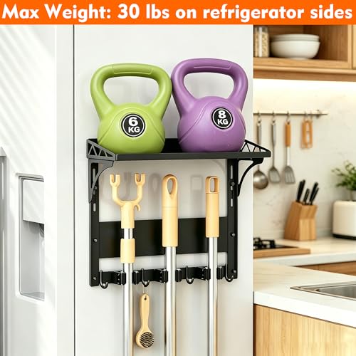 MUTUACTOR Heavy Duty Magnetic Broom Holder,Anti-slip Magnetic Tool Rack with Top Utility Shelf, Easy Assembly Broom Mop Organizer for Refrigerator Metal Cabinet Laundry Room Kitchen,3-Clamps 4-Hooks - style: Heavy Duty Broom Holder with Shelf,1PCS