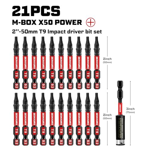 Geinxurn 20Pieces 2inches T9 Impact Tough Magnetic Screwdriver Bit Set, #9 Torx Head Power Bits, S2 Alloy Steel Star Bits with 1pc Bit Holder and Storage M-Box - color: 21 Pcs, size: T9 - 2 in