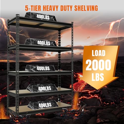 Big RED Storage Shelving Unit, 5-Tier Adjustable, Heavy Duty Metal Garage Shelves/Utility Rack for Kitchen, Pantry, Basement, Bathroom, Laundry - 2,000 lbs Capacity, Black, 72" H x 48" W x 18" D