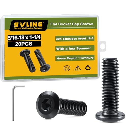 5/16-18 x 1-1/4" Bolt, 20PCS Flat Head Hex Socket Cap Screws Bolts, 304 Stainless Steel 18-8, Fully Threaded, Black Zinc Finish, with Hex Spanner - color: Black, size: 5/16-18 x 1-1/4