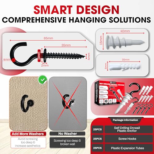 25PCS Screw Hooks + Self-Drilling Drywall Anchor, Expansion Tubes
