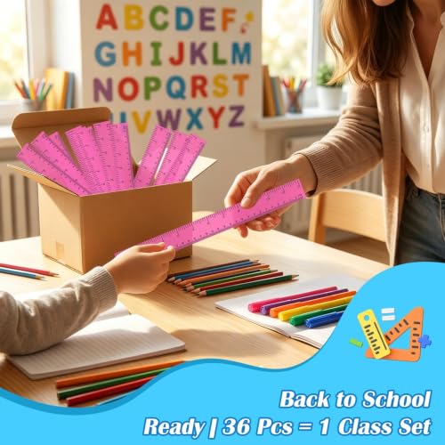36 Pack 12" Clear Pink Plastic Rulers, Back to School Measuring Supplies - color: Pink