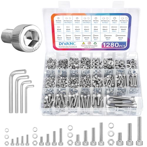 Metric Screw Assortment, 1280PCS Metric Bolt Assortment Kit M3 M4 M5 M6 Machine Screws with Lock & Flat Washers, 304 Stainless Steel Hex Socket Head Cap Screws Nuts and Bolts Kit (Silver) - size: M3M4M5M6 1280PCS (Silver)