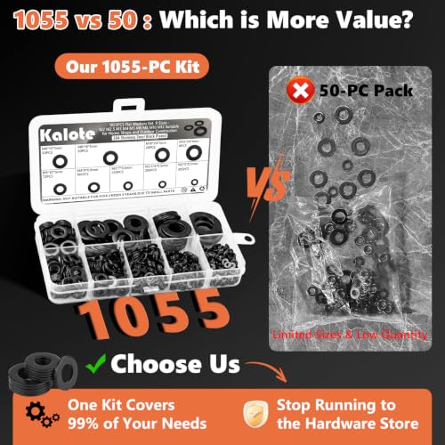 1055Pcs Flat Washers Kit, 304 Stainless Steel Black,9 Sizes M2-M12 - color: Black