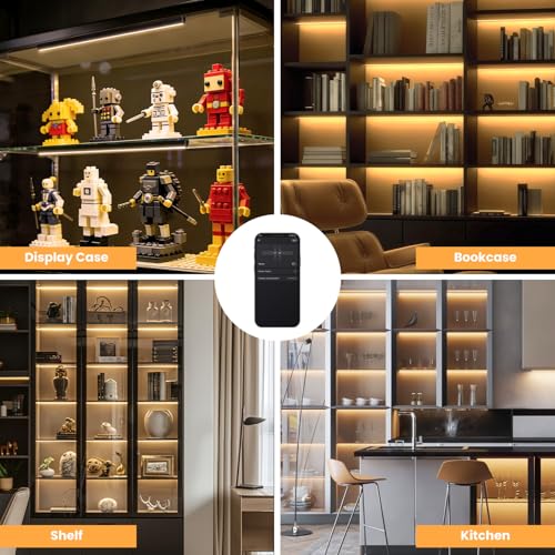Black Shelf Lights, LED Bookcase Lighting Compatible with Alexa, WiFi Dimmable 2700K Under Shelf Lighting for Bookshelf, Display Case, Cabinets with App, Remote, Memory Function (4Pack 12In) - size: 4Pack 12In