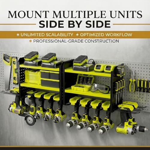 BUILTSTRONG Power Tool Organizer Wall Mount – 3-Tier Heavy-Duty Steel Rack, 6 Drill Slots, Dual Pegboard Sides, Side-by-Side Modular, 100 lb Capacity – Garage & Workshop (Green) - color: Green, size: 6 Drill Holder