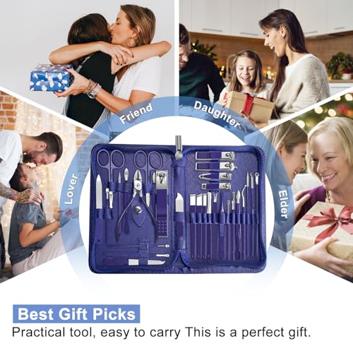 30Pcs Manicure Pedicure Kit，Nail Clippers Kit Professional and Stainless Steel Nail Care Tools，Toenail Clipper Cutters Men's Accessories Whit Beauty Tools Luxurious Travel Case (Blue) - color: 30 in 1 Blue