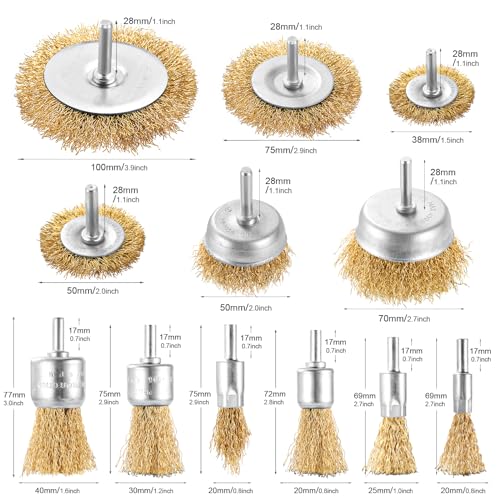 Wire Brush for Drill Set, 12Pcs Cup, Wheel & End Brush Kit with 1/4” Shank | Brass Coated Drill Brush Attachments for Rust Removal, Stripping, and Abrasive