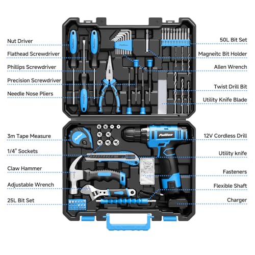 PULITUO Tool Set, 149-Piece Home Drill Set with Blue 12V Cordless Drill, Tool Box, Hand Tool Kits for Women & Men and DIY Enthusiasts, for Home Improvement - style: 12V Set(Blue)