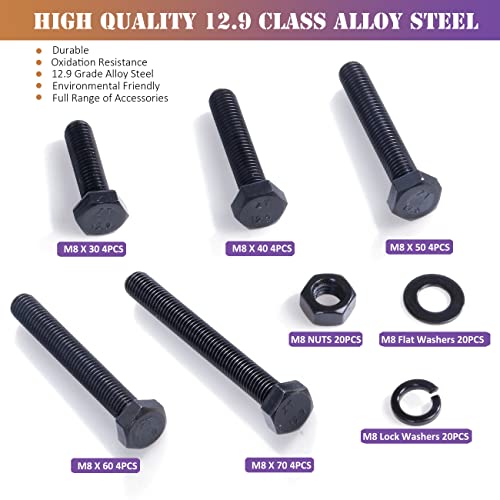 ZTF m8 x 1.25 Bolt, Nuts and Bolts Assortment Kit, 80Pcs - style: black-M8 Hex Bolts