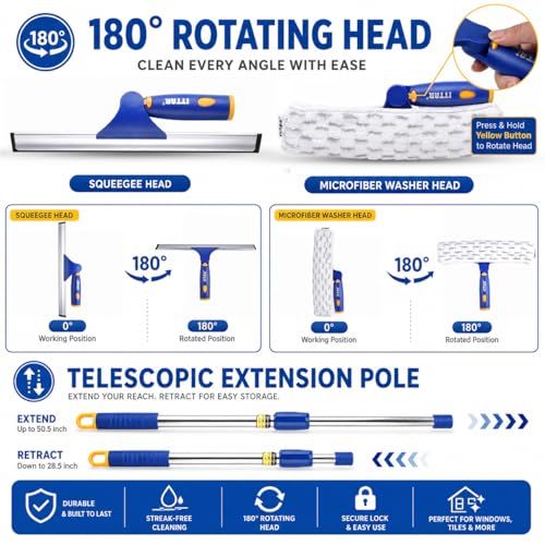 ITTAR Window Squeegee Cleaning Kit with 60" Extension Pole & Rotatable Head - color: Blue&white