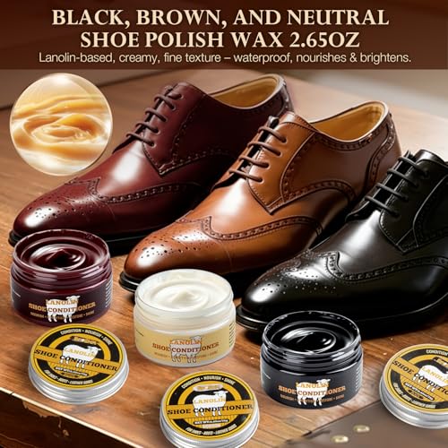 Shoe Shine Kit, Complete Leather Care Set with Black & Brown Shoe Polish, Saddle Soap & Mink Oil, Horsehair Brushes, Shoe Shine Box, Boot Leather Cleaning & Conditioning Kit for Men, Gift for Dad