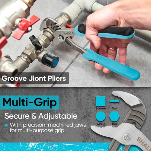 SHALL 8-Piece Adjustable Wrench & Water Pump Pliers Set, 12/10/8/6 Inch, 4Pcs Adjustable Tongue and Groove Joint Pliers and 4Pcs Wide Jaw Forged Steel Wrench for Plumbing, Gripping, Auto Home Repair