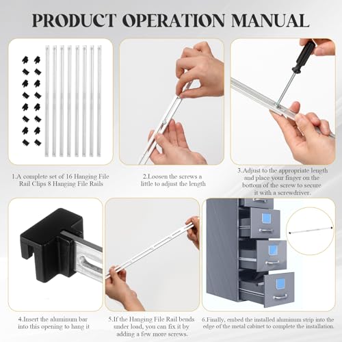 24 Pcs Metal Adjustable File Cabinet Rails Set Include 16 Hanging File Rail Clips 8 Cabinet Dividers Bars Suitable for Cabinets with Drawer Thickness Less Than 1/8 Inch(Silver,18-32.5 Inch) - color: Silver, size: 18-32.5 Inch