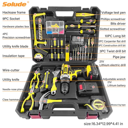 125-Piece Home Tool Set with Drill,21V Cordless Power Drill Tool Box with 2 Battery,Electric Drill Driver Tools Kit for Home Repair and DIY Projects - size: 125 Pcs