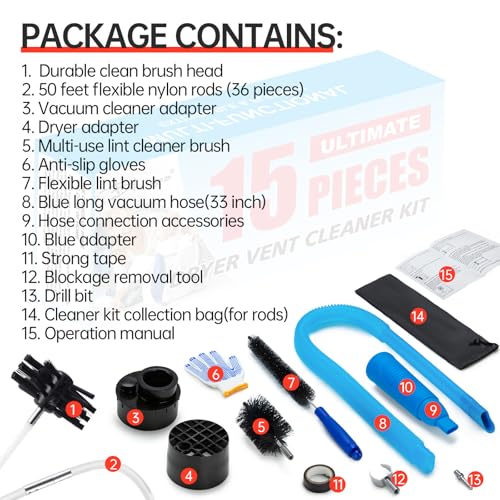 BLuesea Dryer Vent Cleaner Kit, 15-Piece Ultimate Dryer Cleaning Kit Include 50 Feet Dryer Vent Brush, Upgrade Noiseless Dryer Lint Vacuum Attachment, Lint Trap Brush, Vacuum & Dryer Adapters - color: Deluxe, size: 50 FT