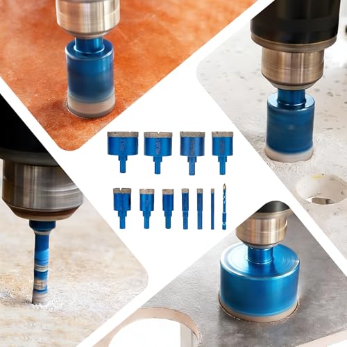 Qivine 10Pcs Diamond Hole Saw Kit, 1/4" to 2" Serrated Brazing Tile Hole Saw Kit, Diamond Glass Core Drill Bit with Durable Sharp Dry/Wet Drills for Ceramic, Glass, Tile, Stone, Pots