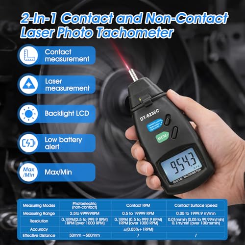2-in-1 Digital RPM Tachometer Gauge, AIOMEST Non-Contact Laser Photo Tacómetro 2.5~99,999RPM, Contact Tester 0.5~19,999 RPM, RPM Meter for Engine, HVAC Motor, Drone propellor Speed - color: black
