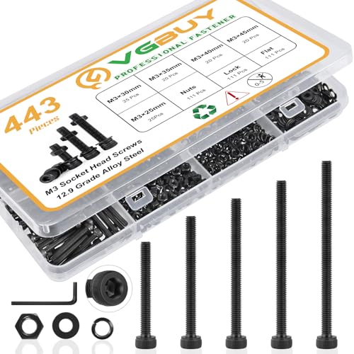 VGBUY 443Pcs M3 Screws Assortment Kit for 3D Printer DIY, M3x25/30/35/40/45mm, Hex Socket Head Cap Metric Screws Bolts Washers Nuts Kit, 12.9 Grade Alloy Steel, Black Oxide - size: M3x25/30/35/40/45mm, style: Socket Head