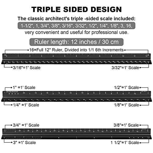 Architectural Scale Ruler, 12 Inch Aluminium Architect Scale Ruler, Imperial Metal Engineers Triangular Ruler for Architects, Students and Draftsmen, Laser Etched Markings - color: Black