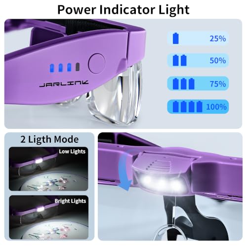 JARLINK Magnifying Glass with Light, 5 Lenses, Rechargeable Headset - color: Purple