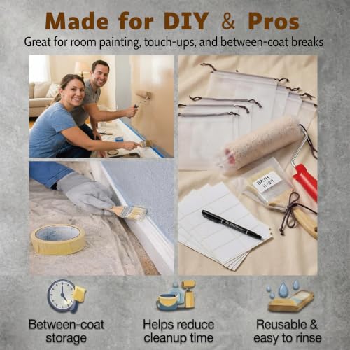 24 Pcs Paint Brush Covers & Roller Covers,Clear Plastic Paint Poncho Wet Brush Storage Bags,Keep Paint Roller Wet Saver with Drawstring,3Sizes,Includes Label Stickers & Marker,House Painting Supplies