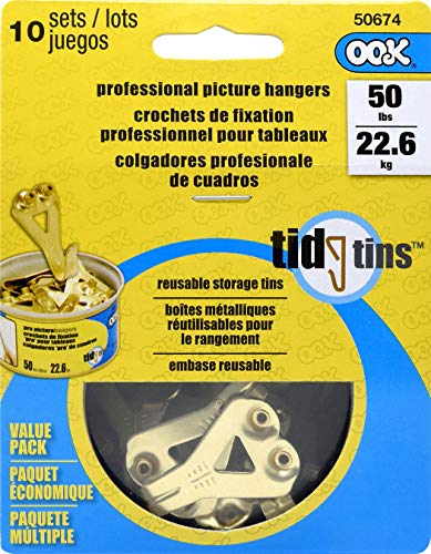 OOK 50674 Professional Picture Hangers, Reusable Art Hooks, Padded, Brass, 50lbs (10 Set) Gold - size: 10 pieces, 50 lb