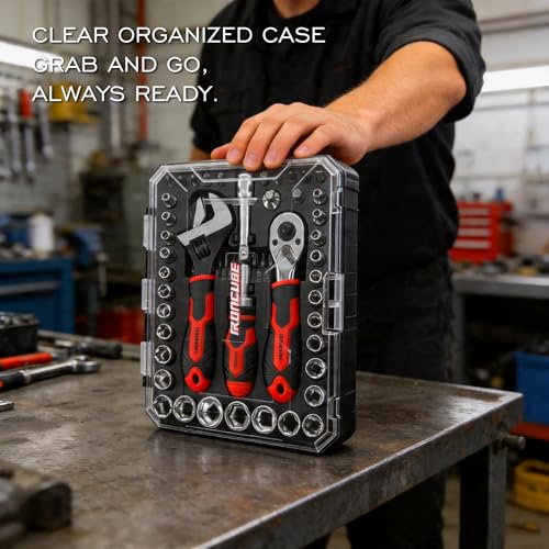 ironcube 53-Piece Socket Ratchet Wrench Set, with 20-In-1 Ratcheting Screwdriver & 2-in-1 Adjustable Wrench for Garage, Auto Repair, Household Backyard & College Dorm