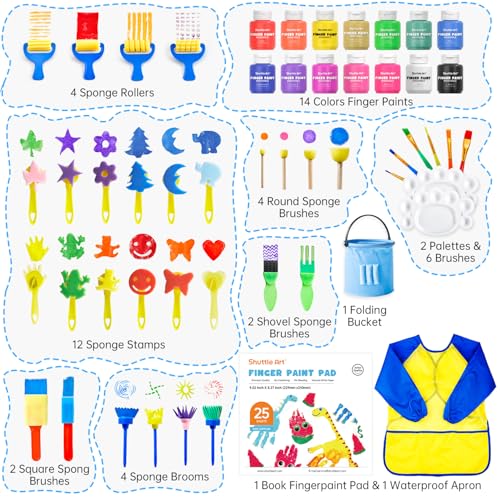 Shuttle Art Washable Finger Paint Set, 53 PCS with 14 Colors (2 fl oz), Paint Brushes, Sponge, Palette, Non-Toxic Finger Painting for Toddlers - color: 14 Colors