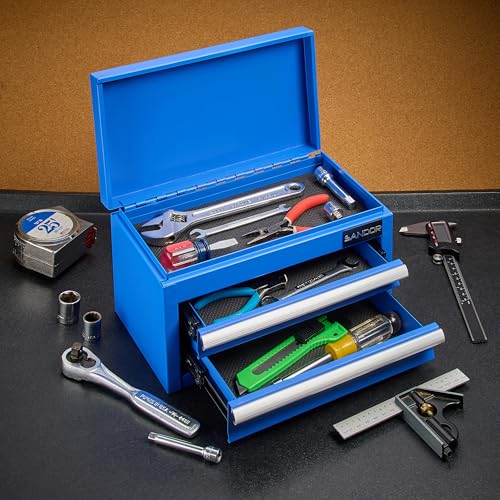 Mini Tool Box - Metal Tool Chest with 2 Drawers & PVC Drawer Liners - Blue - color: Blue