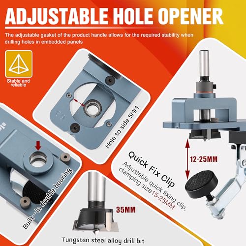 Metal Concealed Hinge Jig, 35MM Cabinet Hinge Jig Drilling Hole Puncher with Quick Clamp， Accurate Hinge Drill Jig Woodworking Tool for Doors Cabinets Hinges Mounting (Gray) - color: Gray