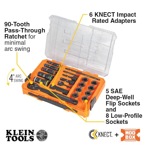 Klein Tools 65240 KNECT Impact Deep-Well Flip Socket and Low-Profile Pass Through Socket Set, SAE, 20-Piece, MODbox Case, 1/4-Inch and 3/8-Inch Drive - style: 20-Piece