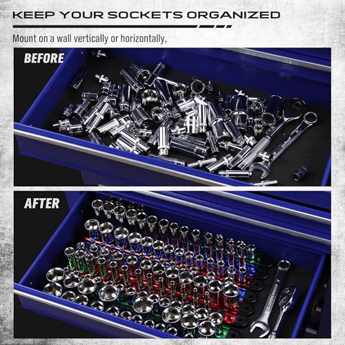 Magnetic Socket Holder Organizer Set: 9-Piece Detachable 1/4, 3/8, 1/2 Socket Trays Socket Organizer for Tool Box Drawer Holds 120-Piece Standard Size Sockets for Automotive Garage(Blue Red Green) - style: 9-Piece Alum. Rails (Holds 120)
