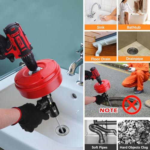 25 FT Double Mode Drain Snake Tools, 14-in-1 Drain Auger【Upgraded】 | for Sink and Drain Unblocking, Plumbing Snake for Kitchen, Bathrom and Shower Sink, Drain Clog Remover for Real DYIs - color: 25FT-Red&Black