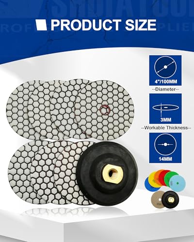 SHDIATOOL Dry Diamond Polishing Pads 4 Inch Set of 7 Pieces Plus a Rubber Backer for Granite Marble Stone Sanding Pads - style: Mixed Grits+R backer