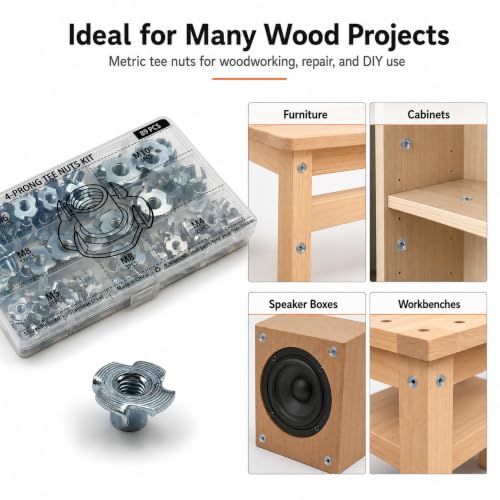 89 PCS 4-Prong Tee Nuts Kit, 5 Metric Sizes M4-M10, Zinc-Plated Carbon Steel, Assorted Tee Nuts for Wood with Organized Storage Case