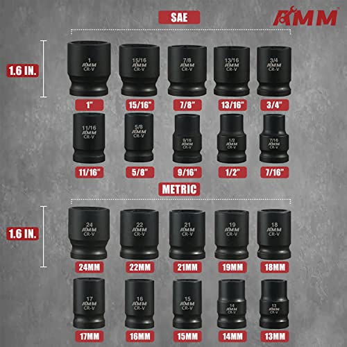 AMM 1/2" Drive Master Impact Socket Set, 24-Piece Shallow Standard SAE (7/16-Inch to 1-Inch) & Metric (13-24 mm) Sizes, Socket Assortment with Ratchet Handle，Cr-V Steel - size: 1/2" Impact Socket Set