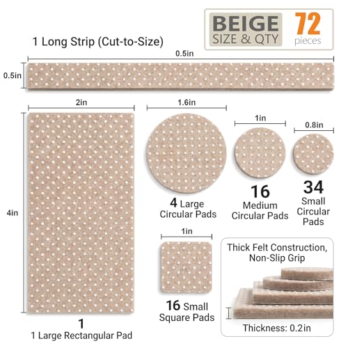 72 PCS Felt Furniture Pads, 0.2 Inch Thick Self Adhesive Furniture Floor Protectors, Round and Rectangle Felt Pads for Chair Legs, Furniture Leg Protectors for Hardwood Floors, Anti Scratch, Beige