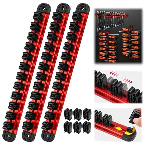 3-Piece Magnetic Screwdriver Organizer and Wrench Organizer, 42-Slot Screwdriver and Wrench Holder, Magnetic Aluminum Rail Tool Organizer for Tool Box Drawer Wall-Mount Storage,Red(Tools not Included) - style: 3-Pack Red (42-Slot) Pro Set